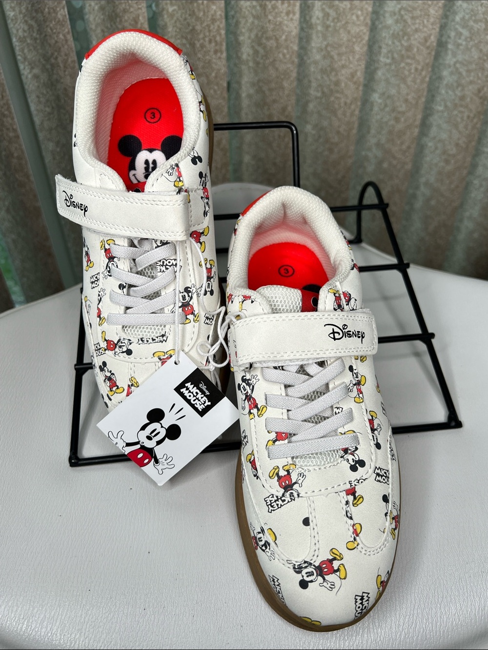 NWT Disney White Mickey Mouse Print Kids Sneakers with Red Insole Size 3